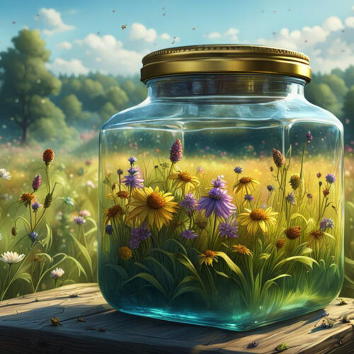 Pievos ir medaus stiklainio iliustracija sukurta dirbtinio intelekto